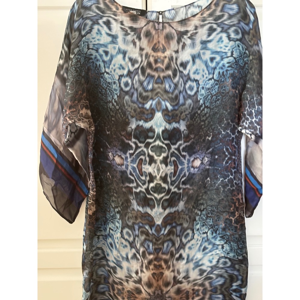 Rickie Freeman Teri Jon 100% Silk beach Print Tunic Top beach blue Brown Size 8